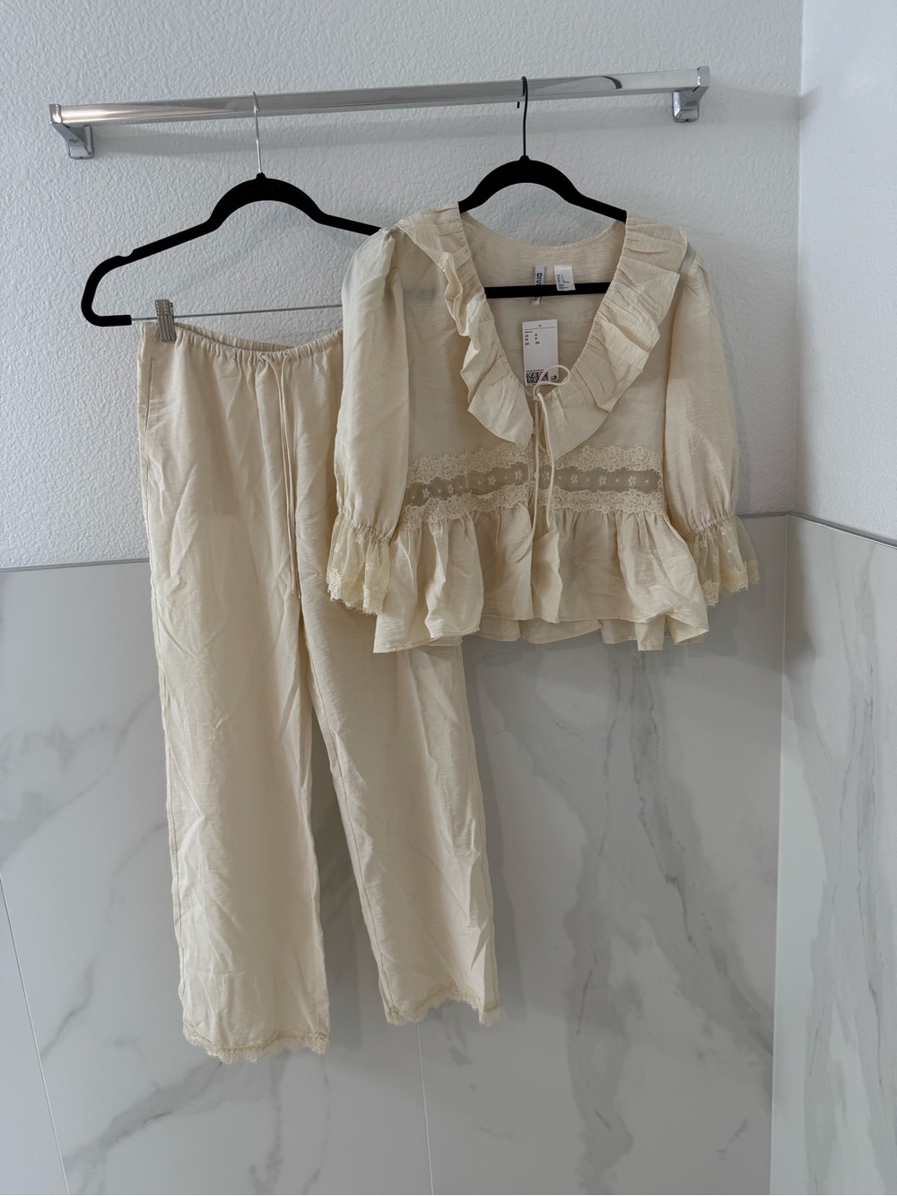 Divided Cream Ruffle & Lace Girls Pajama Set